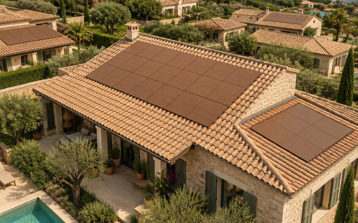 Villa auf Mallorca mit Solarmodulen in RAL 8001 auf einem Tonziegeldach